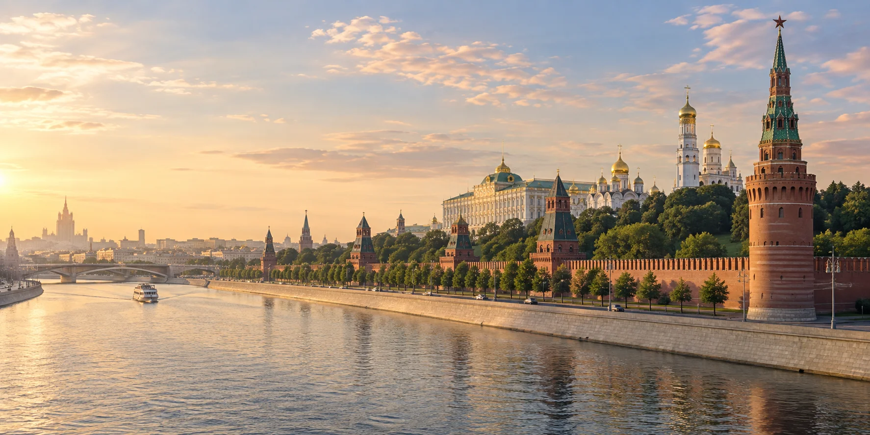 Художественная панорама Москвы: Кремль и набережная в тёплом вечернем свете